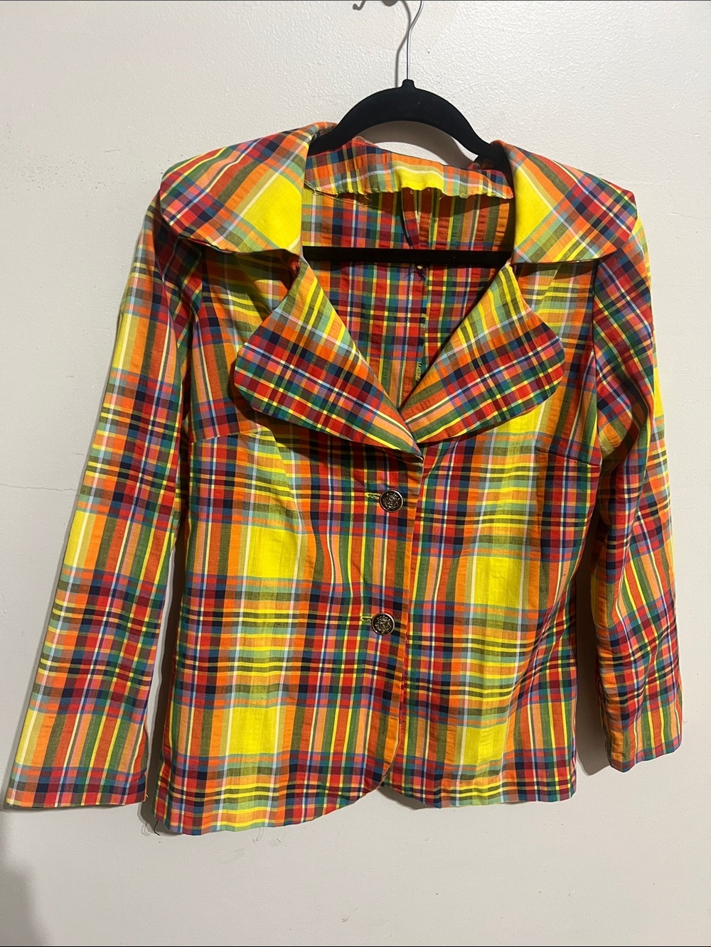 Vintage Handmade Cotton Colorful Yellow Red Plaid Lightweight Blazer Medium